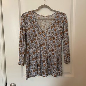 LOFT Peplum Three-Quarter Length Blue/Gold Paisley Blouse